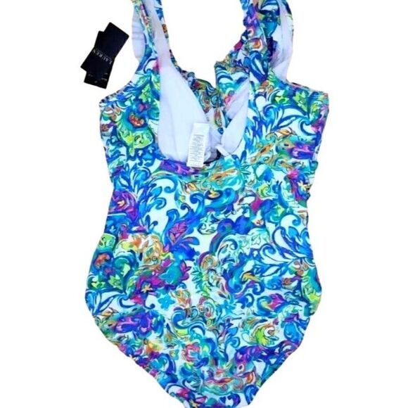 LAUREN RALPH Women's Printed Ruffle Surplice Underwire One-Piece Swimsuit size 8 - Picture 8 of 11